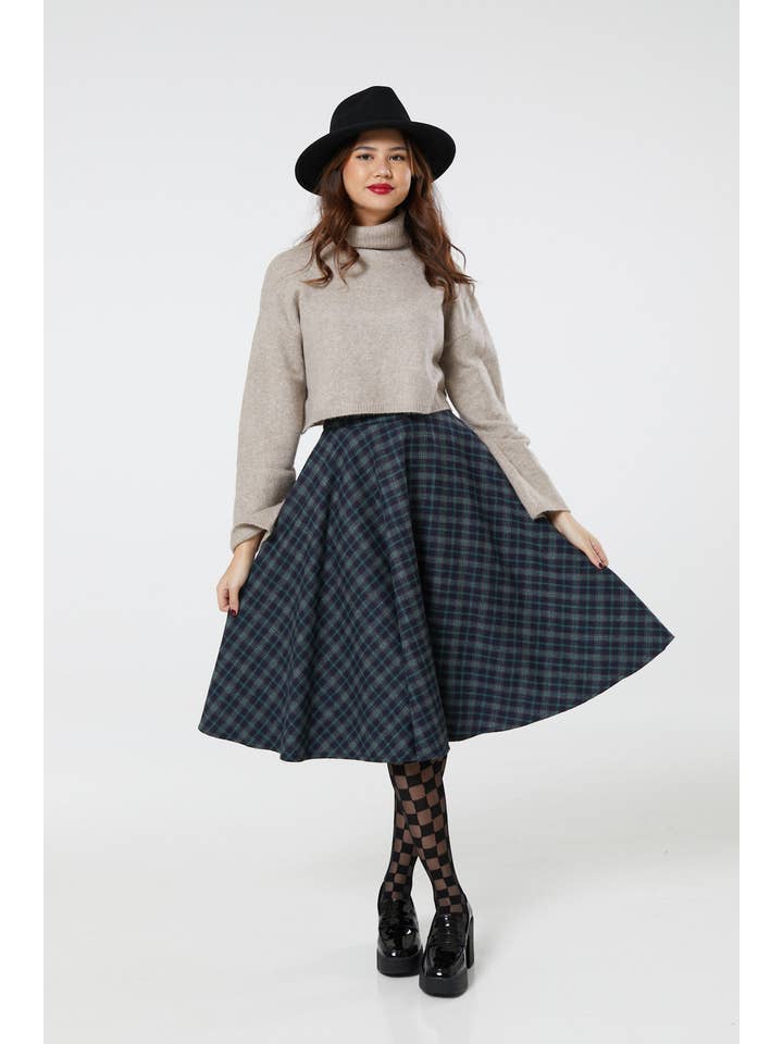 Timeless London - Wholesale Skirt - Women's - Sophie Blue Ink Woollen Check Tartan Midi Swing Skirt