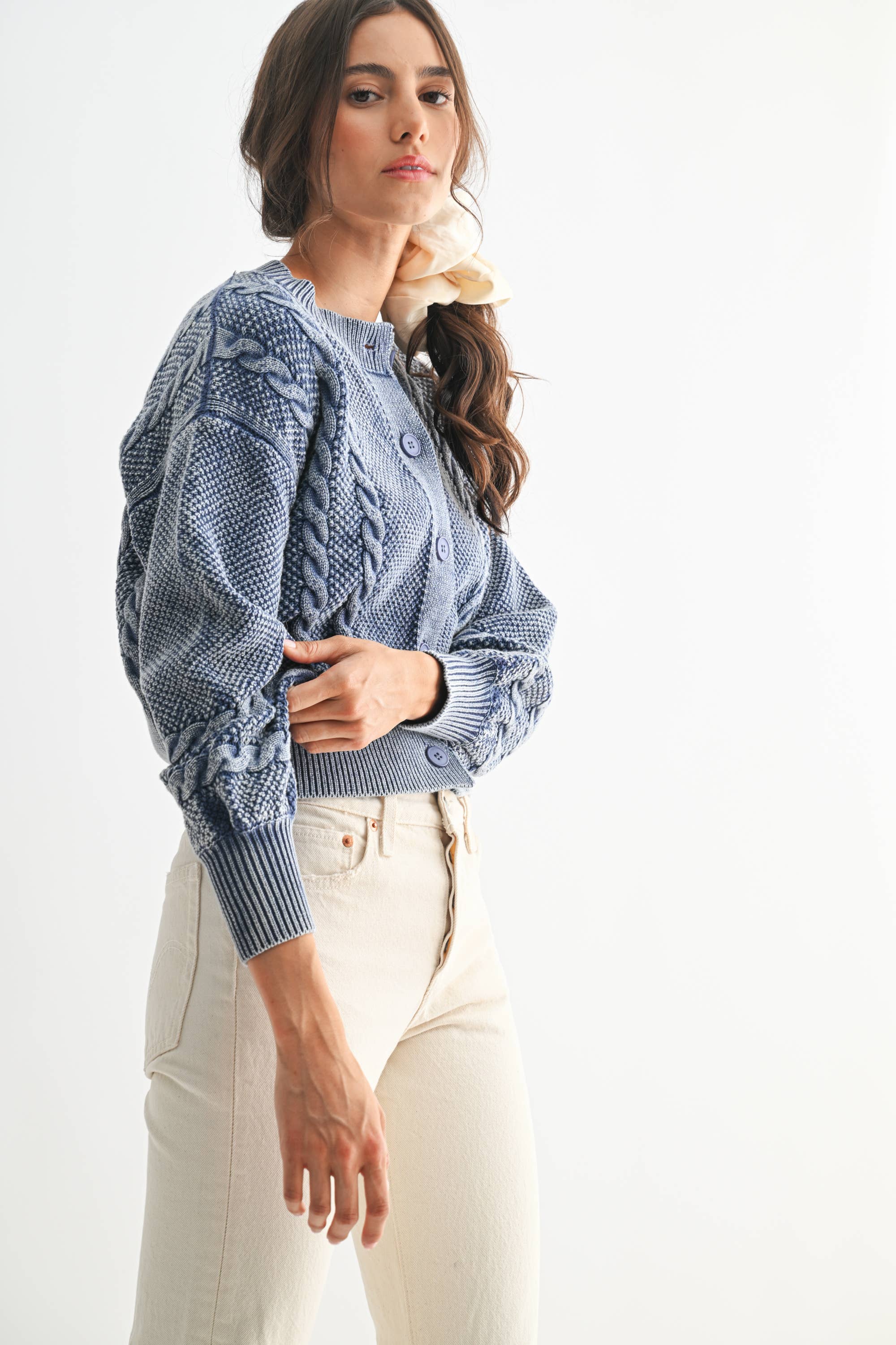 Camellia - Wholesale Cardigan - Women's - CW10019E WASHED BLENDED BROWN CABLE KNIT CARDIGAN33