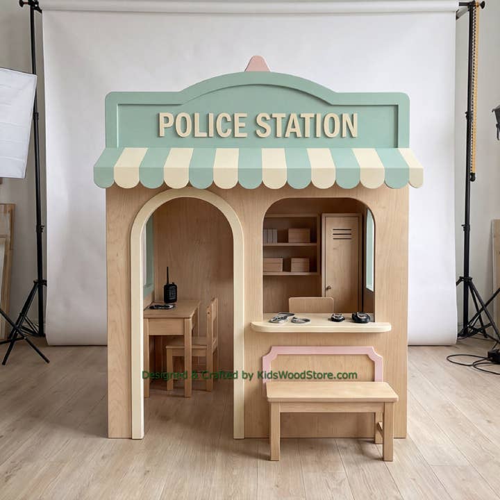 Wooden Police Station Playhouse + Furnitures for Kids | Personalized 20+ Themes | All-Inclusive Turnkey Project for wholesale by Kids Wood Store U.S. / EU.