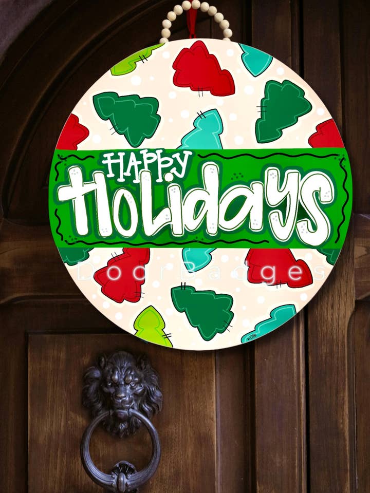 Happy Holidays Round with trees Wooden Door Hanger for wholesale by DoorBadges