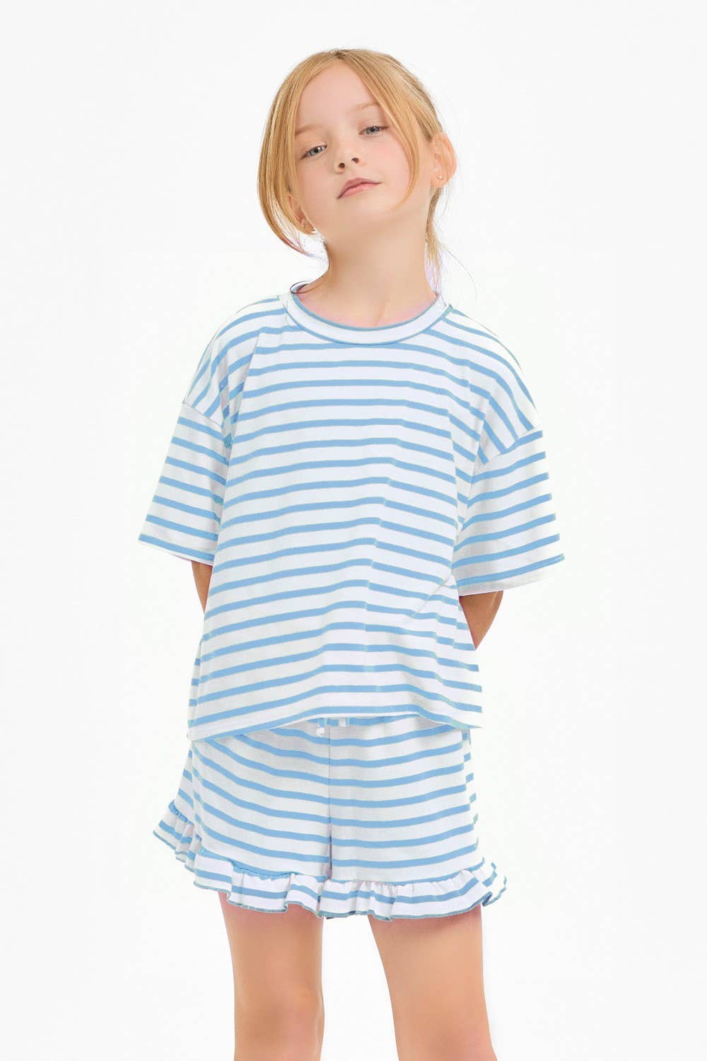 Good Girl – Großhandel Top- & Shorts-Set – Kinder – Gestreiftes Crop-Top und Rüschen-Shorts-Set1