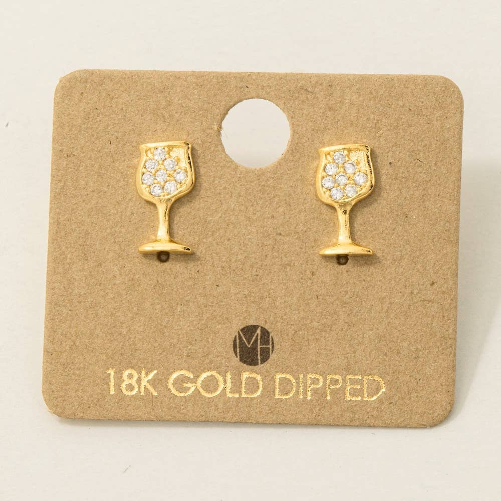 Fame Accessories - Wholesale Stud/Post Earrings - Gold Dipped Mini Pave Wine Glass Stud Earrings1