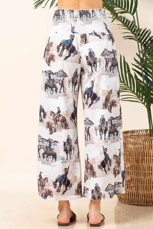 Khaki Multi AV1243-LEO WESTERN PRINT ELASTIC SMOCK WAIST WOVEN PANTS for wholesale on Faire12