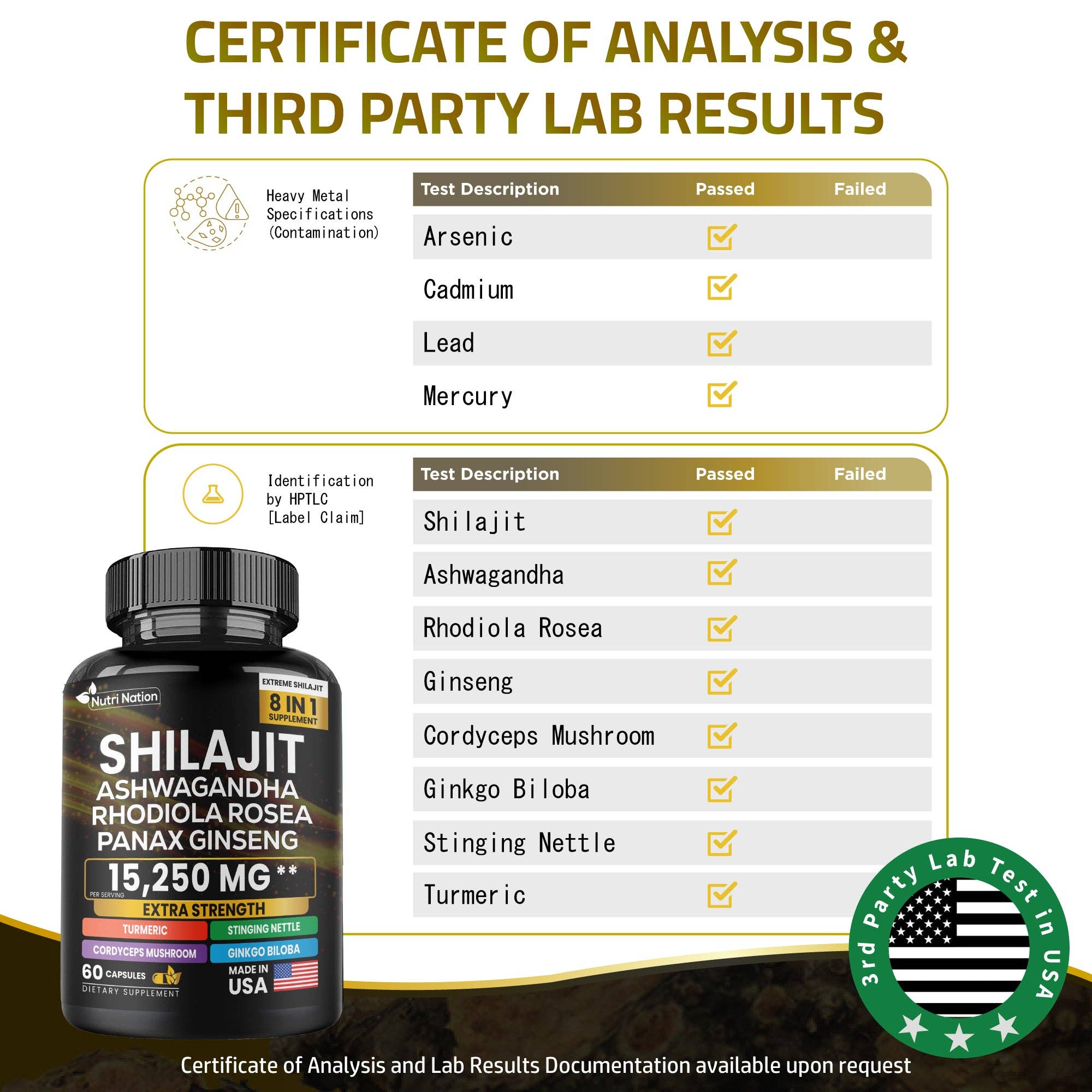 Nutri Nation - Vendita all'ingrosso Vitamine/integratori orali - Shilajit Ashwagandha Rhodiola Rosea Panax Ginseng 15.220 mg 8 in 1 (60 capsule)7