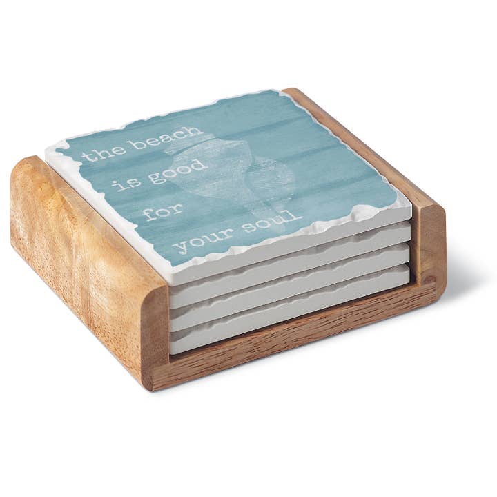 Conimar Promotions - Wholesale Coasters - Beach Soul 4 Pack Stone Coasters in Wooden Holder