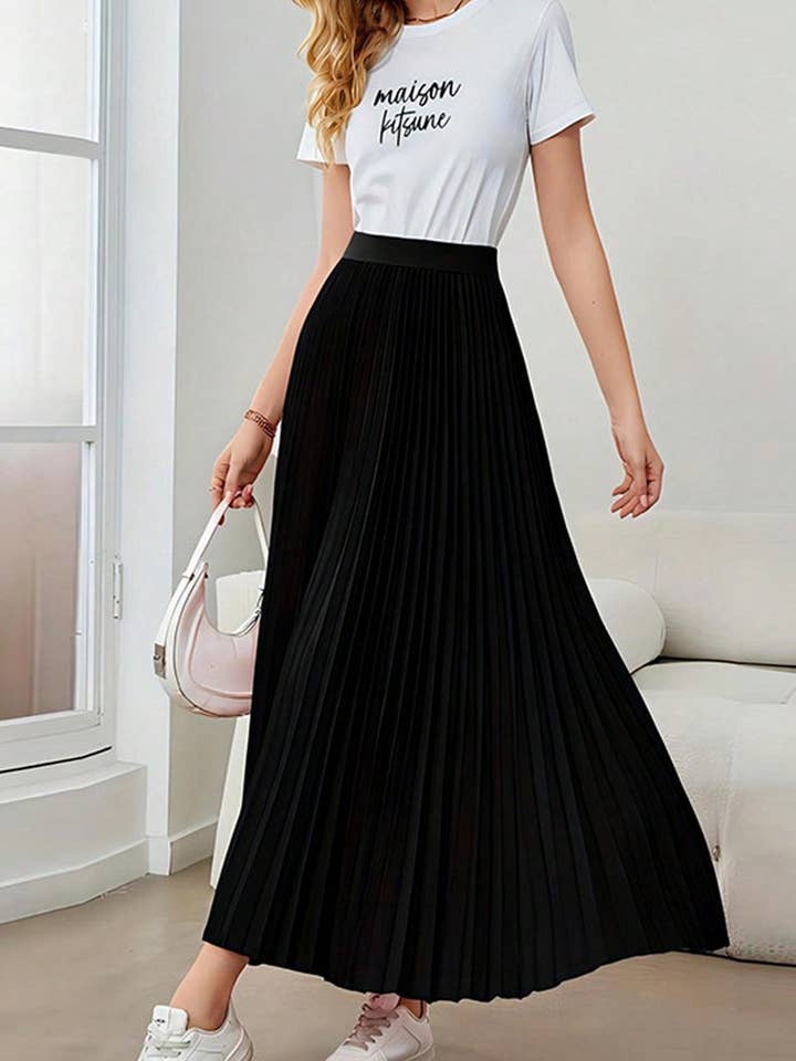 BLACK CWBLS0513_PLEATED FLARED A-LINE POLYESTER MIDI SKIRT for wholesale on Faire1