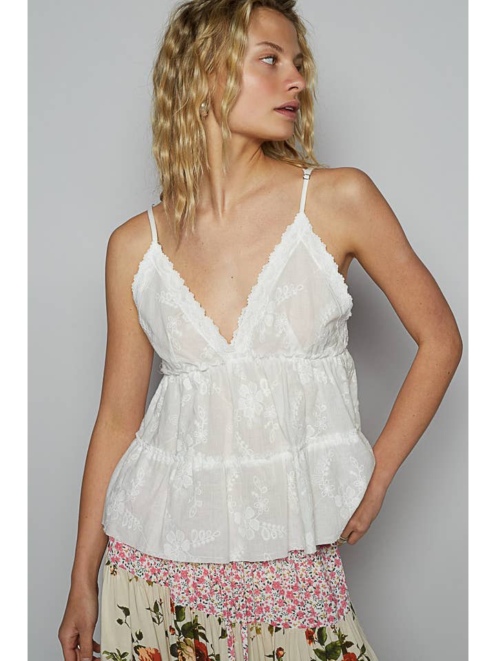 OFF WHITE V neck sleeveless trim shirring ruffle solid top for wholesale on Faire