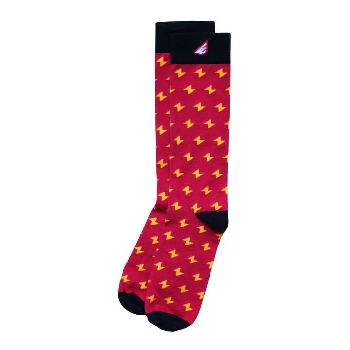 Stormchaser - Red & Gold. American Made Lightning Bolt Dress / Casual Socks for wholesale by Boldfoot Socks