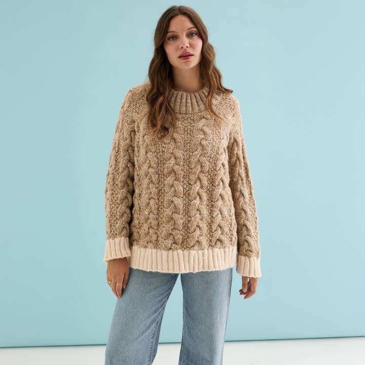 Cara & The Sky - Wholesale Knit Sweater - Women's - Jennie Cable High Neck Balloon Sleeve Jumper - Beige