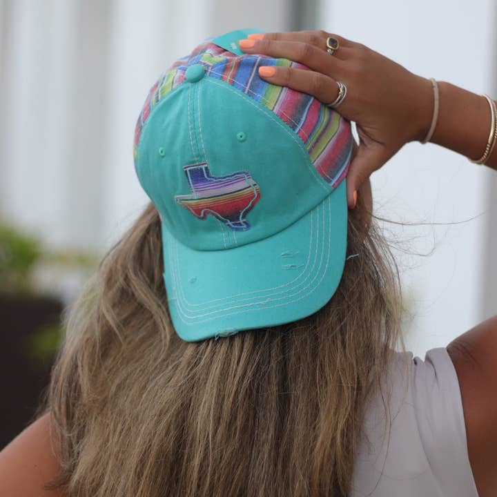 SER Embroidered Serape Texas on Turquoise Hat with Serape Fabric for wholesale on Faire