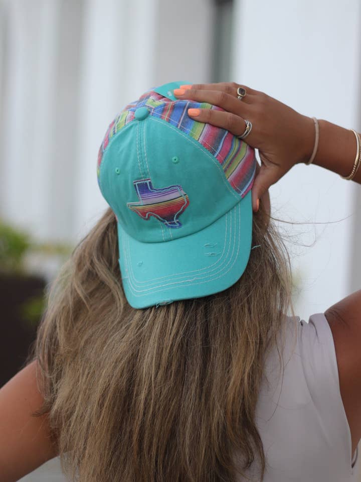 Embroidered Serape Texas on Turquoise Hat with Serape Fabric for wholesale by Clov Blanks