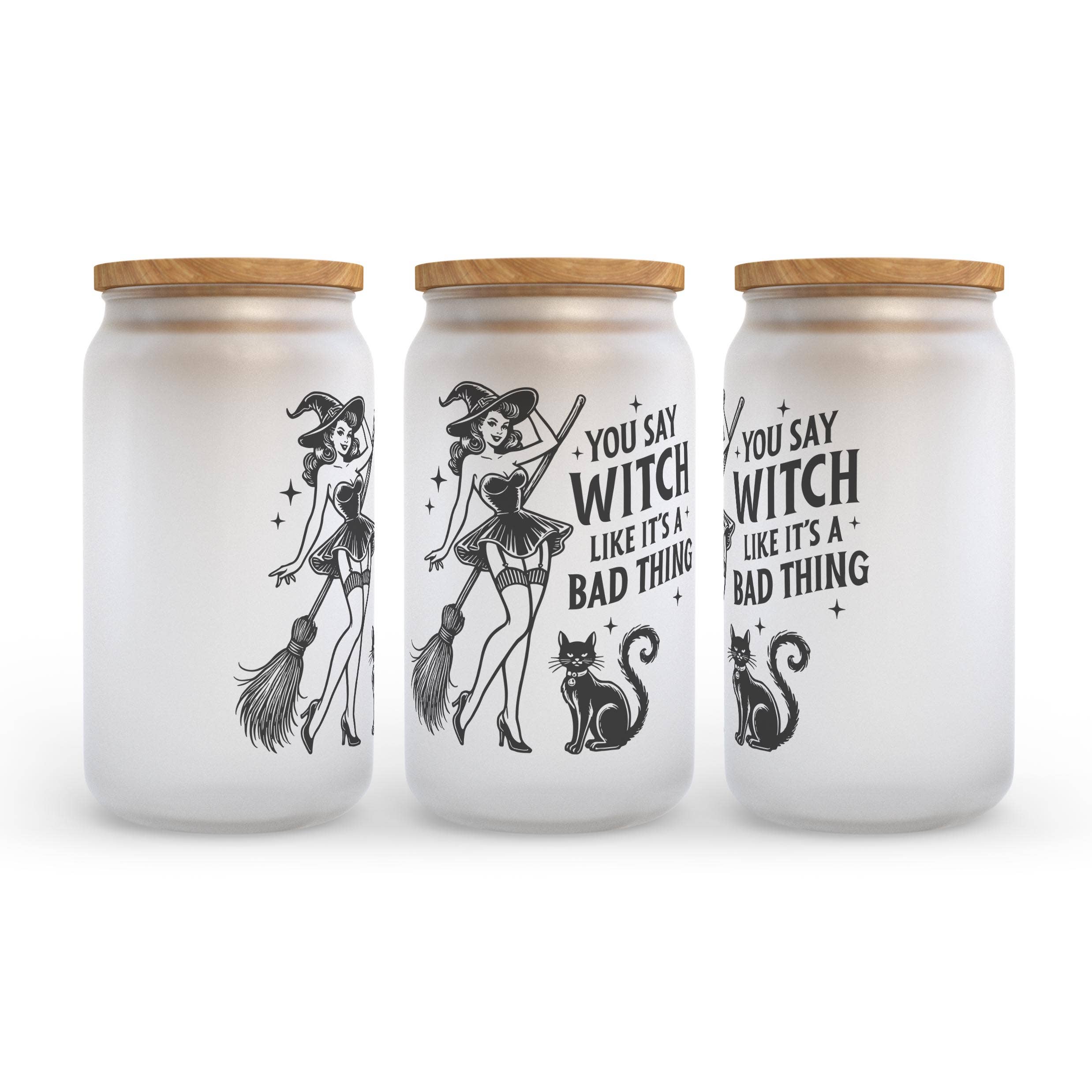 Heart & Willow Prints - Wholesale Drinking Glass/Cup - Witch Black Cat Halloween Glass Can Tumbler         1
