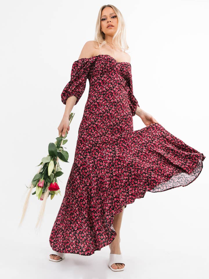 Abito con volant Midaxi con scollo a cuore in rosa floreale | Belle per la vendita all'ingrosso da parte di Chekani