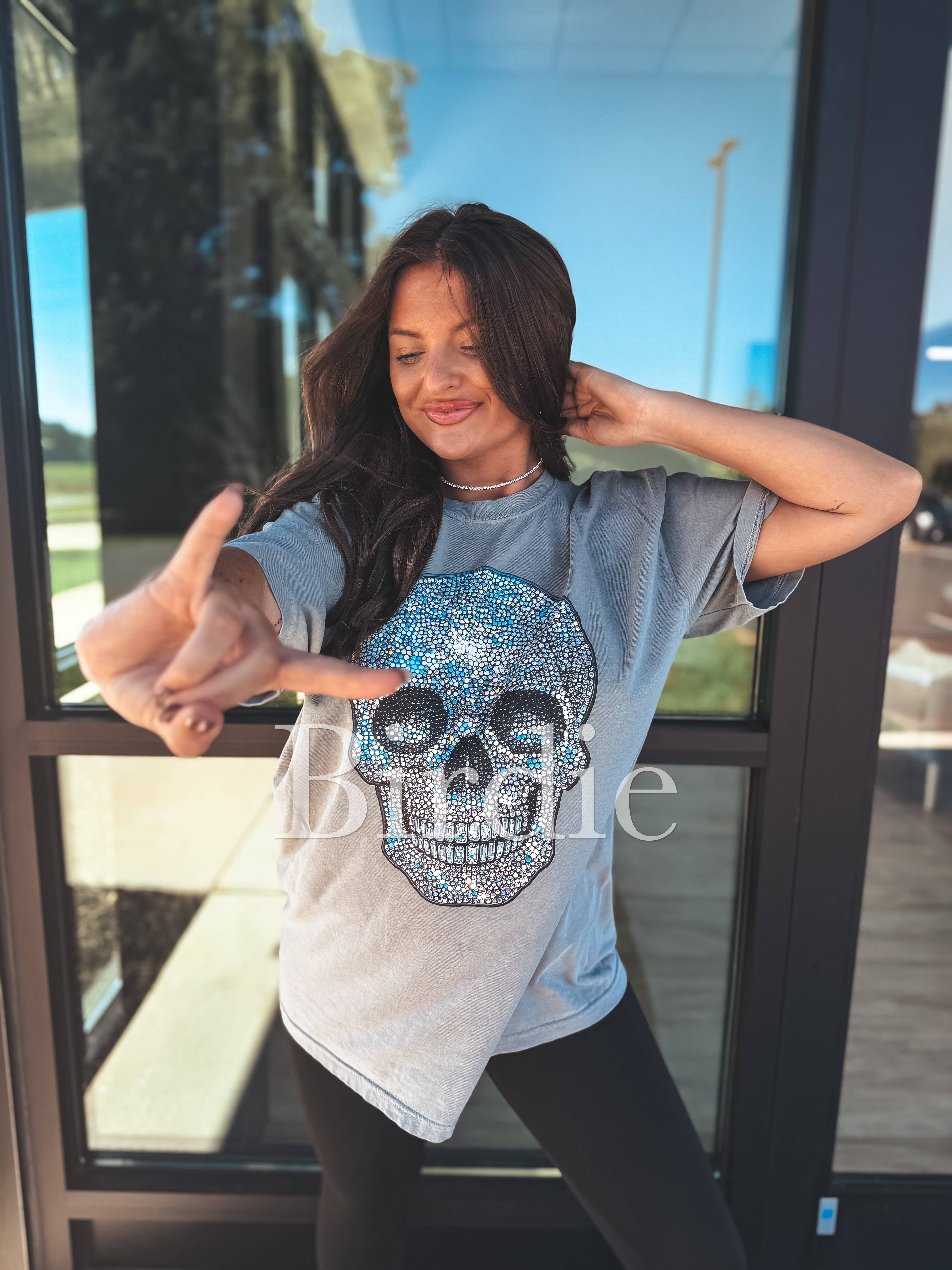birdie - Vente Chemise – femme - T-shirt graphique crâne en faux strass sur gris5