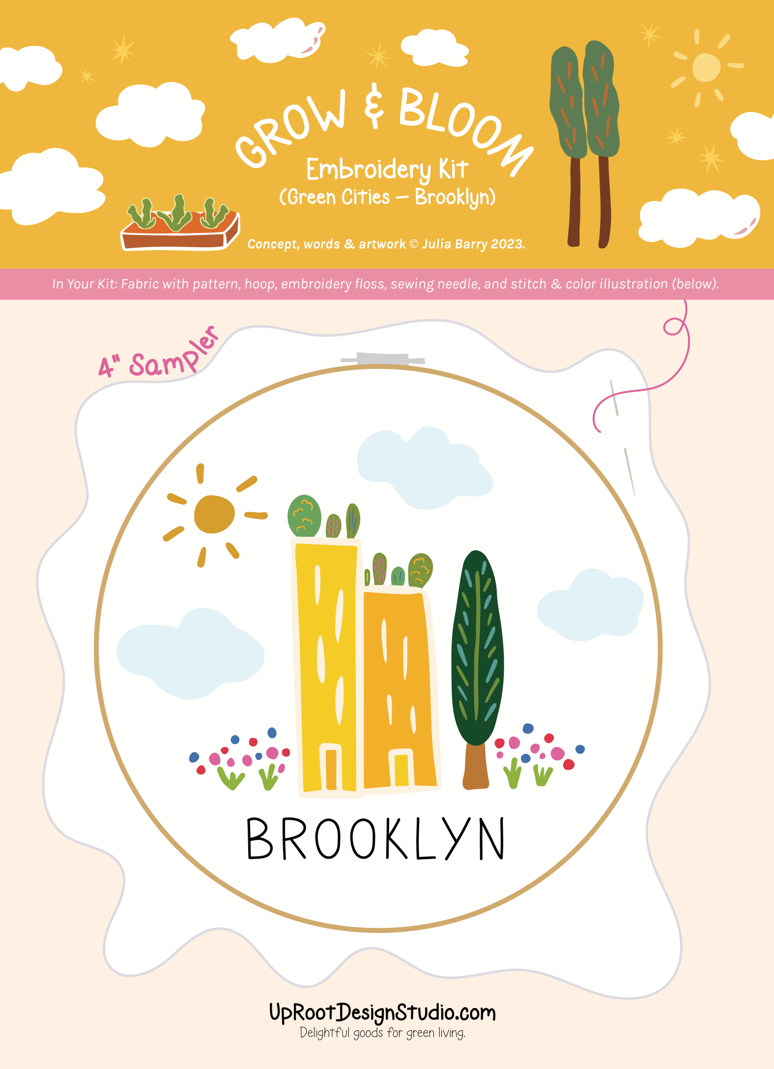 UpRoot Design Studio - Venta al por mayor Material para bordado/punto de cruz - Kit de bordado ecológico «Brooklyn-Green Cities» (Joyful Threads)1