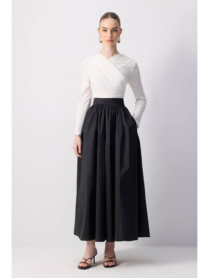 Black Elegant Pleated Maxi Taffeta Skirt with High-Waist for wholesale on Faire
