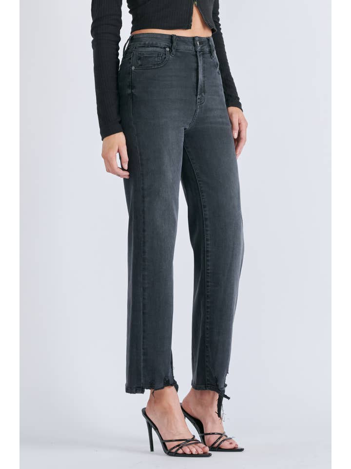 Hidden Jeans - Wholesale Jeans - Women's - Black Grinded Destroyed Hem Relaxed Straight Jean
