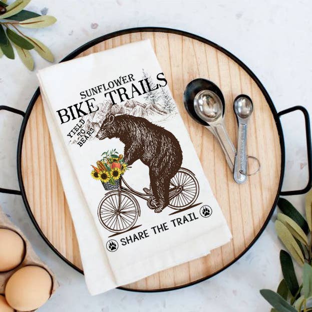 Share the Trail Black Bear Bicycle Cotton Tea Towels for wholesale by Avery Lane Gifts