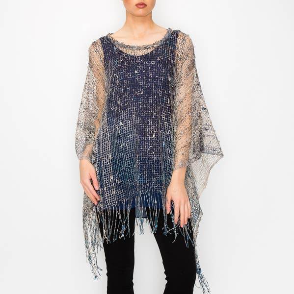 MESH WITH SEQUIN PONCHO TOP-Y62 BG/NAVY for wholesale by Origami Apparel ~ Lace and Crochet inspired