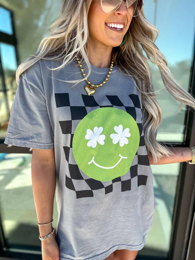 Shamrock Smiley Gray Graphic Tee for wholesale by birdie