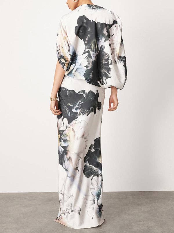 GRIS Vestidos de noche de un solo hombro con mangas murciélago sueltas asimétricas estampadas con flores y abertura lateral. de venta al por mayor en Faire2