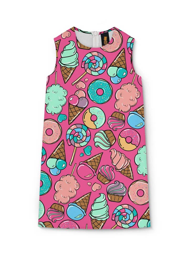 Stay Sweet Adele Pink Dessert Print Shift Cute Summer Dress - Girls for wholesale by Pineapple Clothing