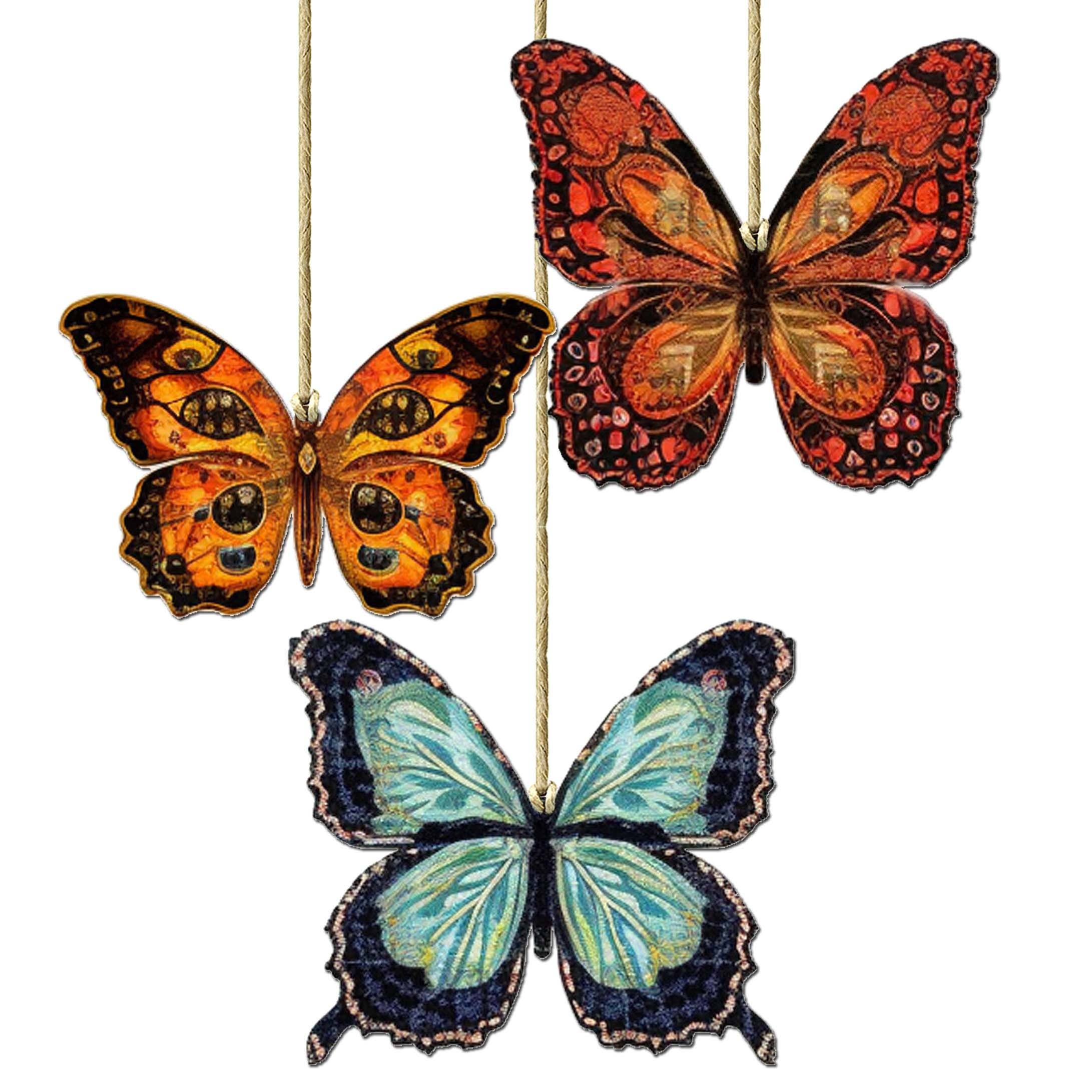 Designocracy - Wholesale Ornament Set - Summer Butterfly Ornaments | Set of 3 | Handcrafted Eco Wood7