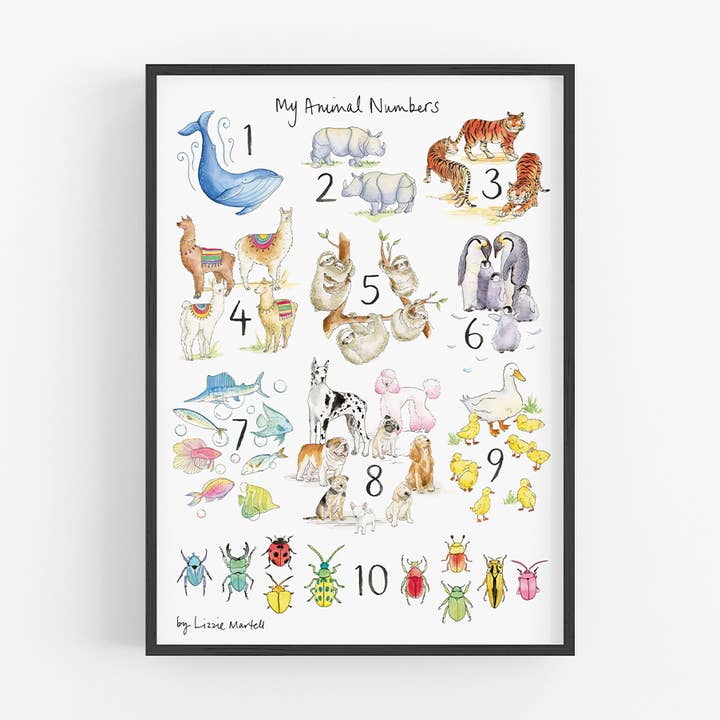Meine Tierzahlen A3 Kunstdruck für den Großhandel von Lizzie Martell Illustration