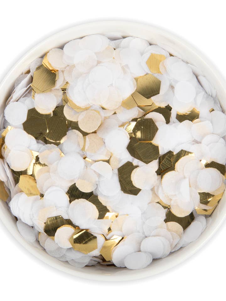 Öko-Konfetti aus Metallpapier und Seidenpapier — Weiß+Gold für den Großhandel von Eco Confetti
