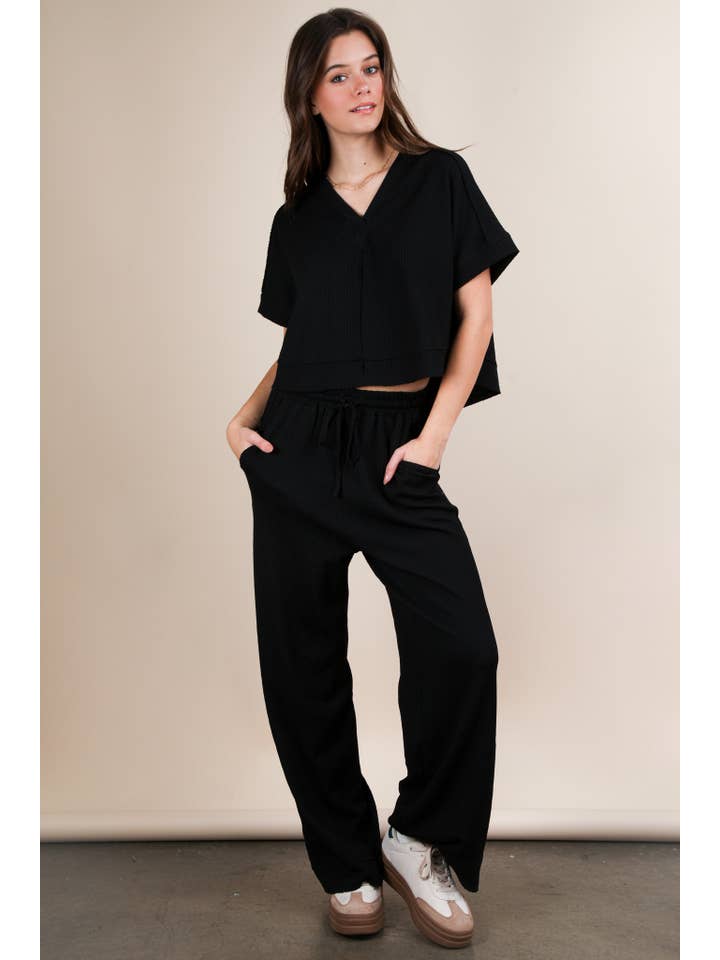 VERY J - Wholesale Lounge Set - Women's - NT12073SET-Textured Knit Comfy Casual Top & Pants Set