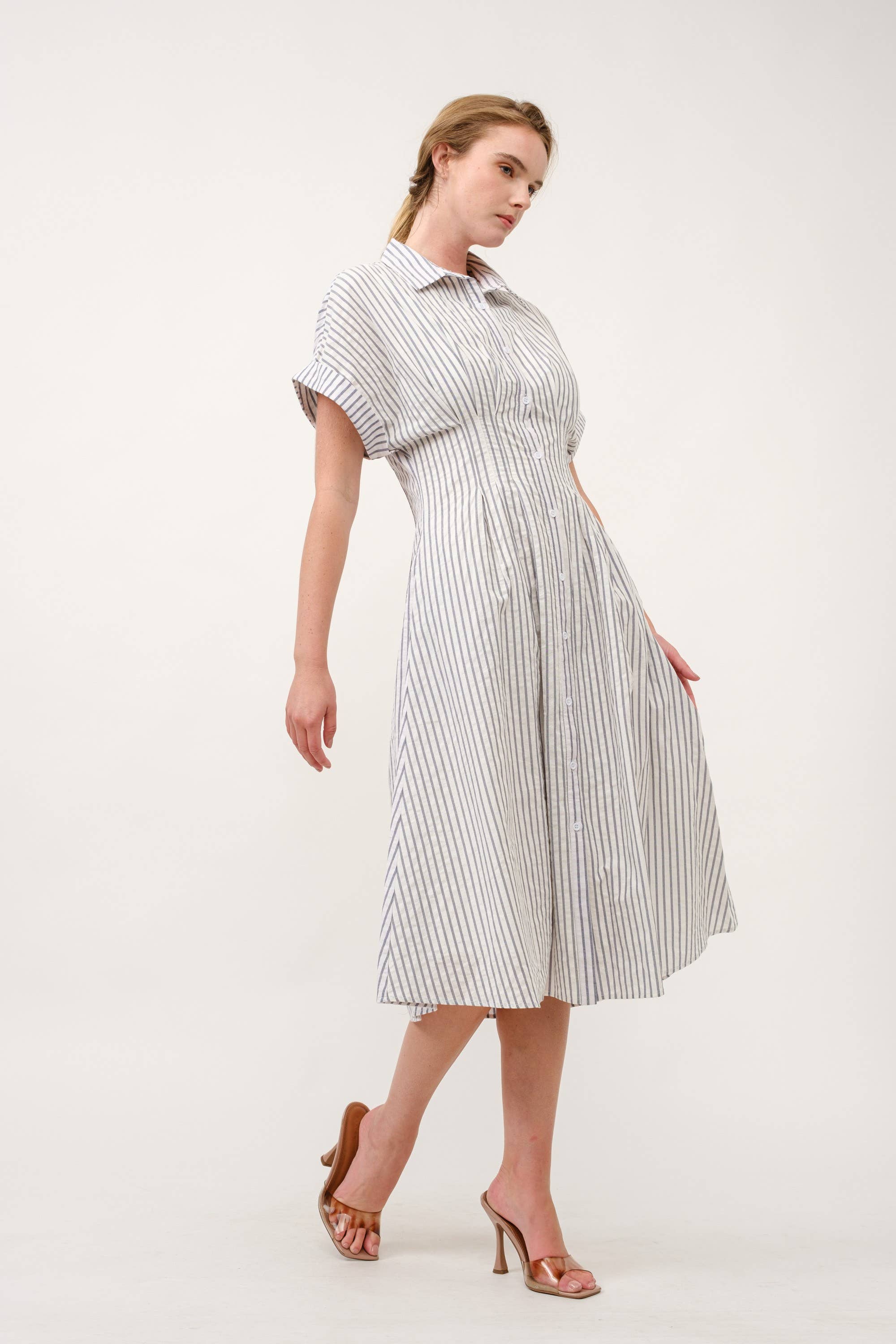 AIBLEE - Vendita all'ingrosso Vestito - Donna - Abito Midi a Righe con Colletto e Bottoni - TAPUE4