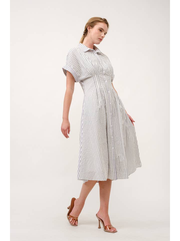 AIBLEE - Vendita all'ingrosso Vestito - Donna - Abito Midi a Righe con Colletto e Bottoni - TAPUE4