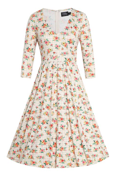 Billie Langærmet Kjole med Gul & Orange Blomsterprint for engroshandel hos Dolly & Dotty