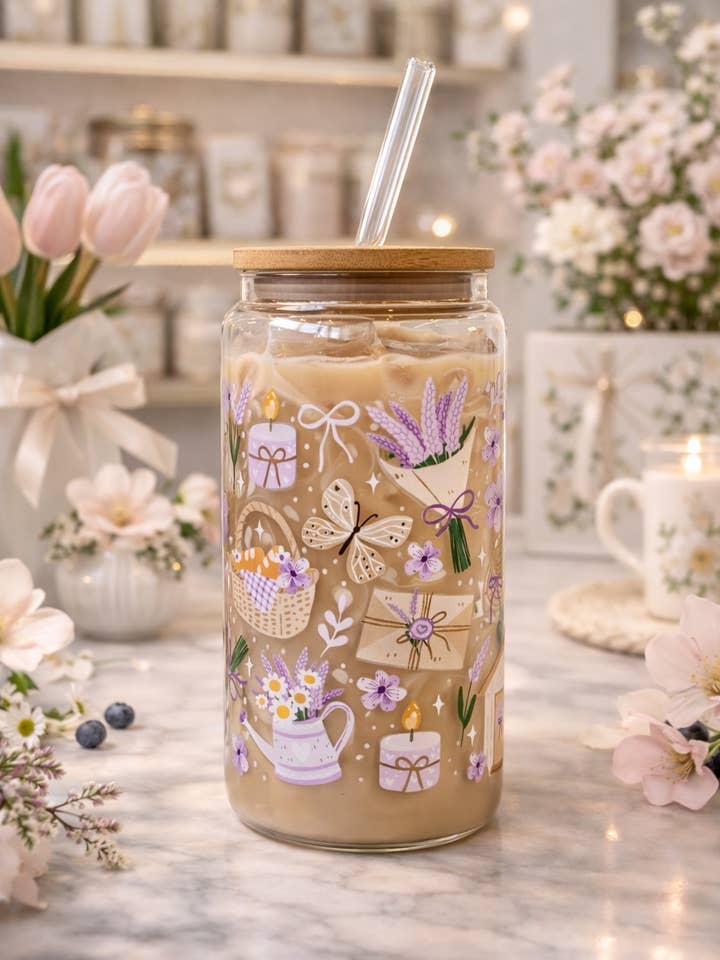 Violet Spring glazen tumbler met dubbelzijdige opdruk + deksel en rietje voor wholesale door the cute cloud
