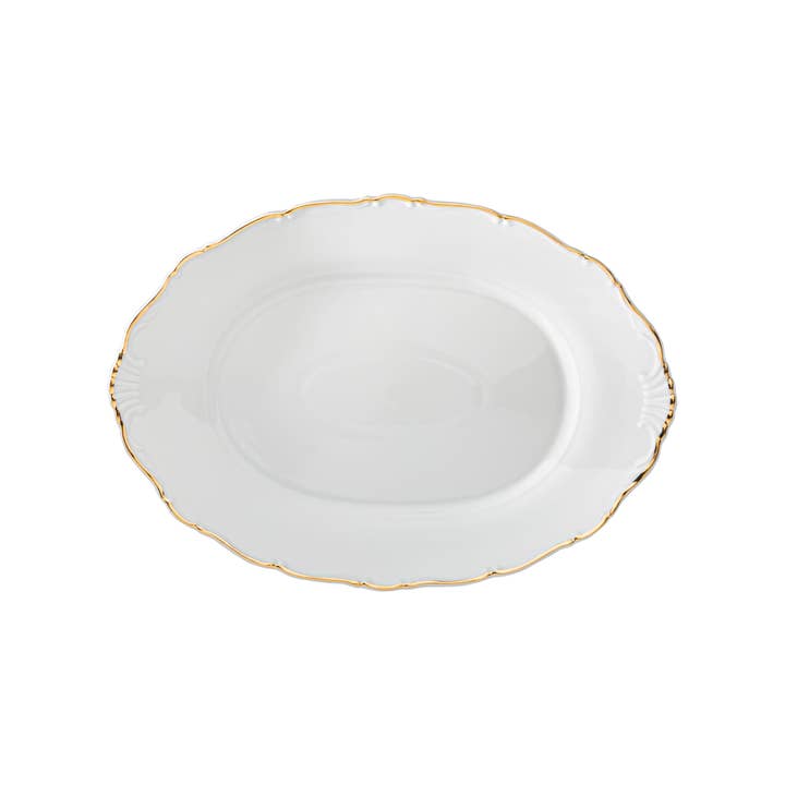 Vikko Luxe - Plato ovalado para servir Ophelia Gold, blanco, 14 pulgadas para venta al por mayor de Kadra Kitchenware