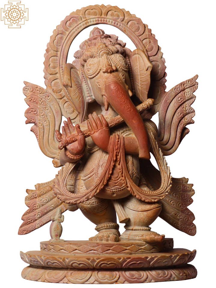 Seigneur Ganesha jouant de la flûte debout de 12 pouces | Pink Stone pour la vente par Exotic India Art