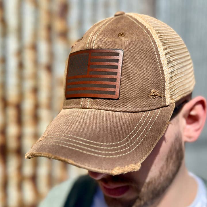 Vintage Washed Brown American Flag Baseball Cap for wholesale by RiOak Design & Hat Co.