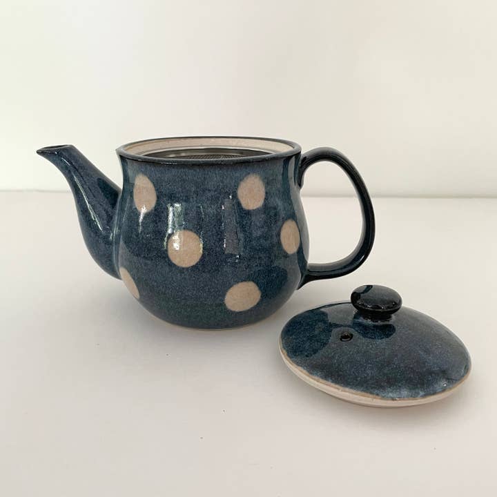fort & field - Wholesale Tea Pot - Blue & cream polka dot ceramic pottery Japanese teapot