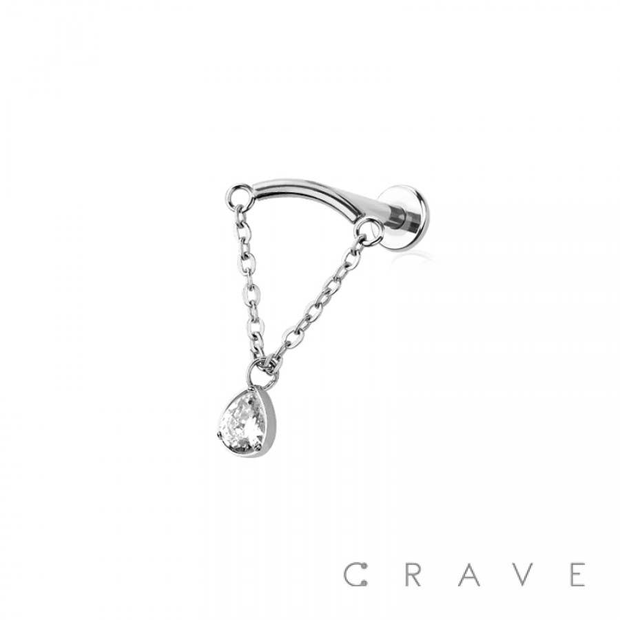 CRAVE - Wholesale Single Earring - CURVED BAR DANGLE CLEAR TEAR DROP CZ CHAIN PUSH IN TOP 316L0
