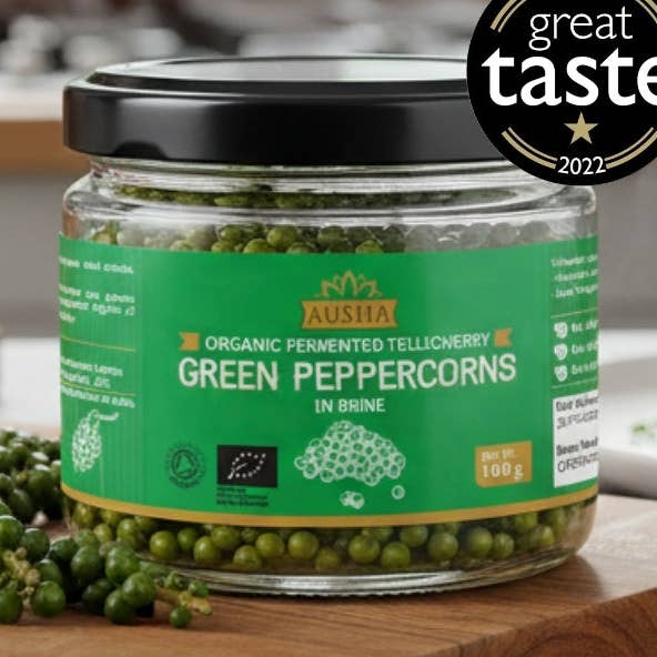 Organic Green Peppercorns in Brine 100g - 1* GREAT TASTE AWARD for wholesale by Ausha