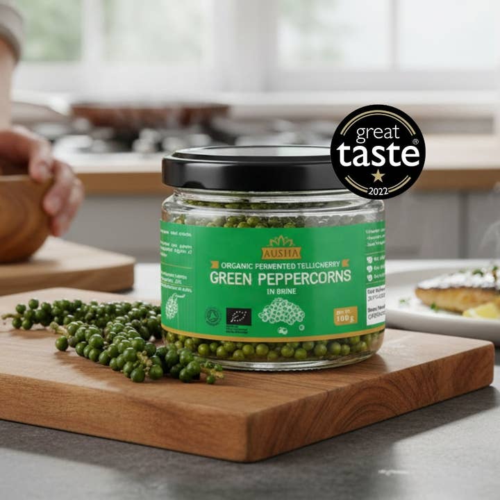 Organic Green Peppercorns in Brine 100g - 1* GREAT TASTE AWARD for wholesale by Ausha