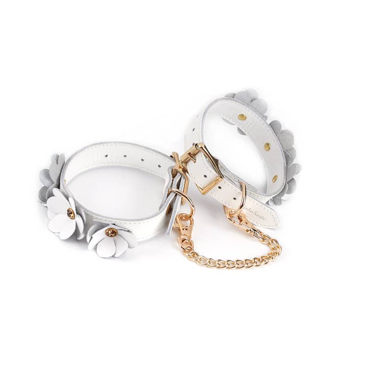 White Leather Flowers Ankle Cuffs for wholesale by Liebe Seele