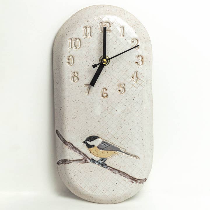 White Squirrel Clayworks - Wholesale Wall Clock - Chickadee White Ceramic Wall Clock Handmade, in Ohio