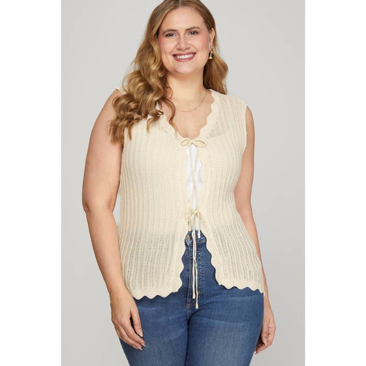 PLUS SIZE SLEEVELESS SCALLOP SWEATER VEST WITH FRONT TIE for wholesale by Curve Market