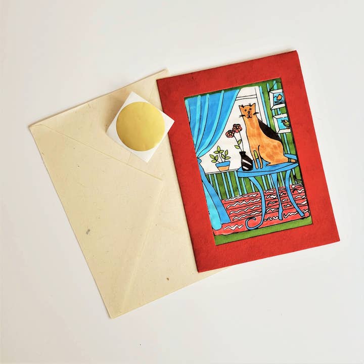 Cat on the Table Batik Note Card for wholesale by Eclectic Woodchuck