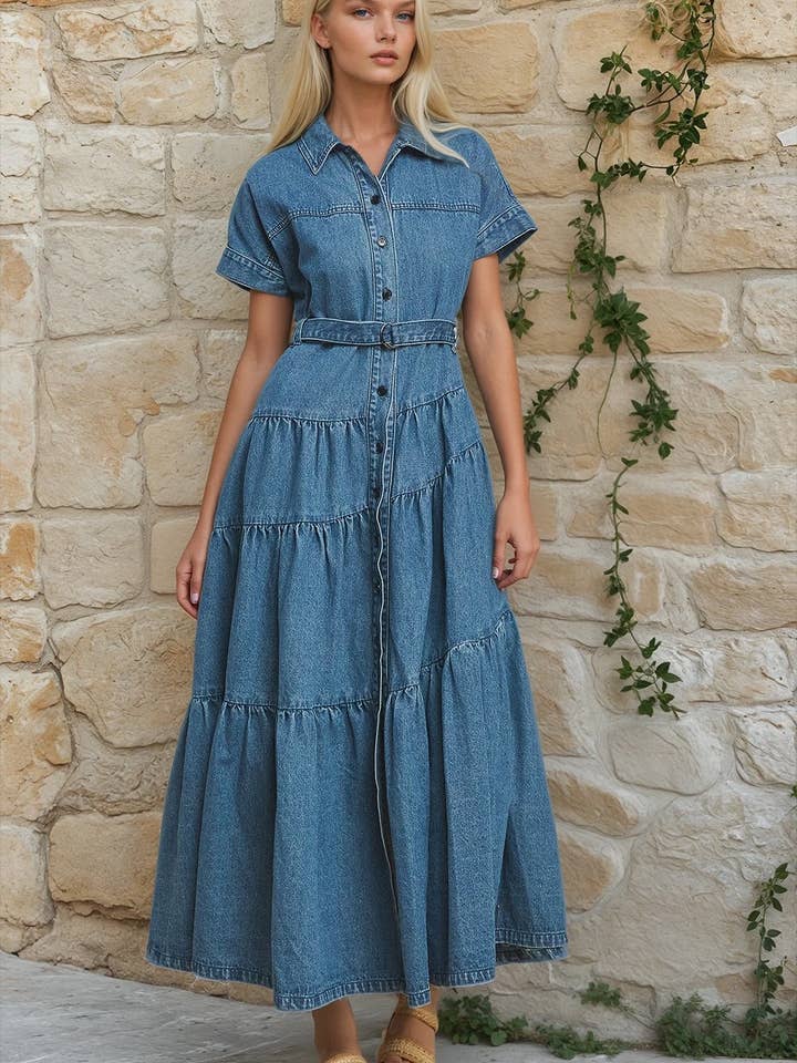 BOHO EXTRA WIDE SWEEP MAXI DENIM DRESS 3152DIA for wholesale by WISTERIA LANE