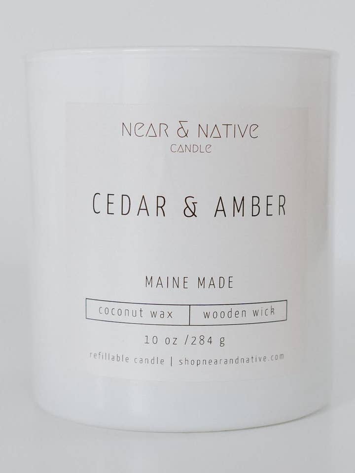 10 oz Refillable Cedar and Amber Wood Wick Candle for wholesale by Near & Native Candles