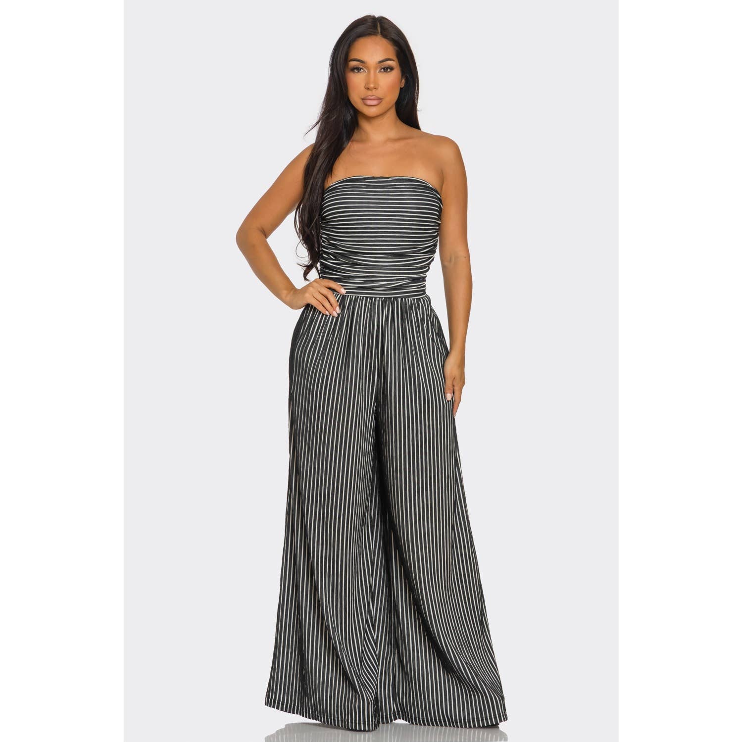 ITSSY - Wholesale Jumpsuit - Women's - Striped Strapless Pleated Wide Leg Jumpsuit6