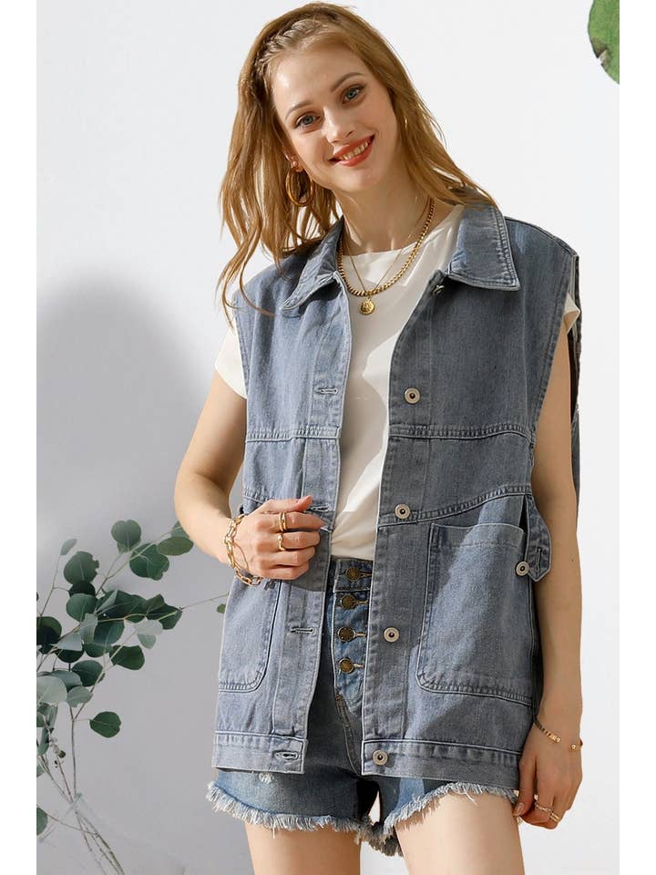 NINEXIS - Wholesale Outerwear Vest - Women's - CWJV0008-B_VINTAGE BUCKELE POCKET COLLAR DENIM VEST