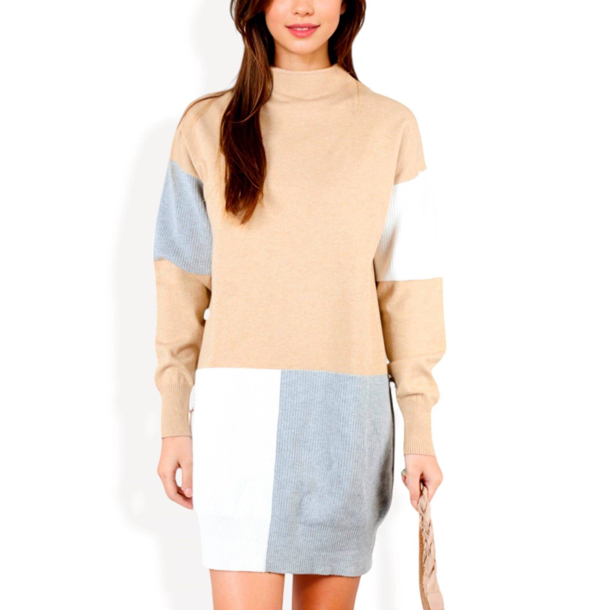 Beige Color Block Long Sleeve Turtleneck Sweater Dress for wholesale on Faire0